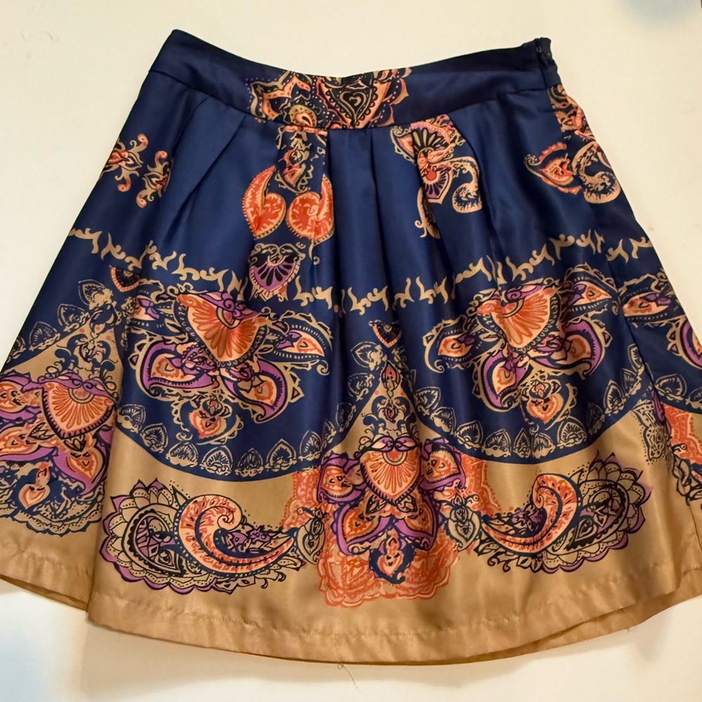 Annabella Blue and Gold A-Line Pleated Cocktail Skirt